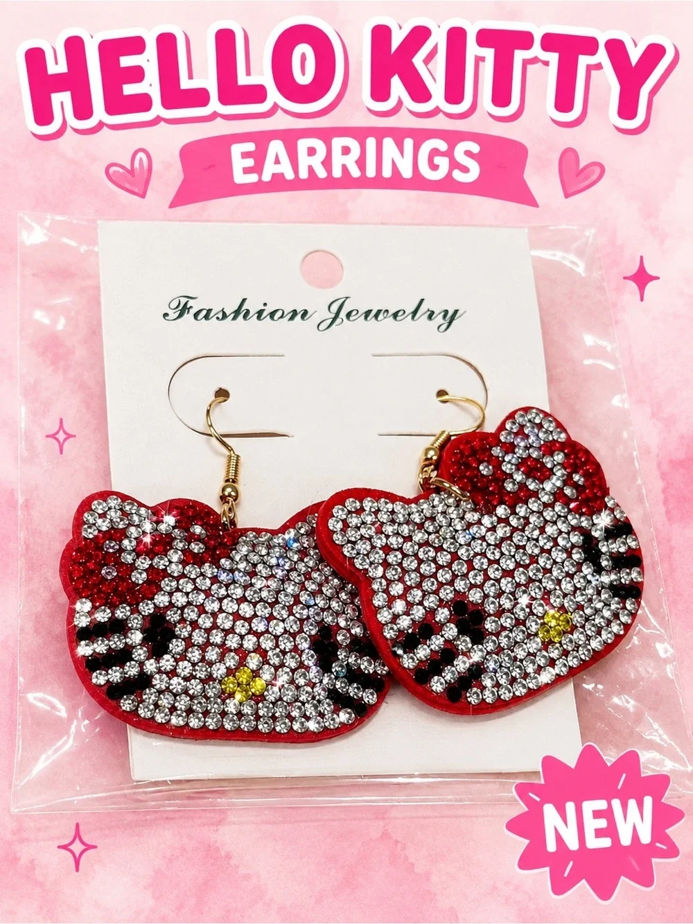 Hello Kitty Red and White Rhinestone Dangle Earrings